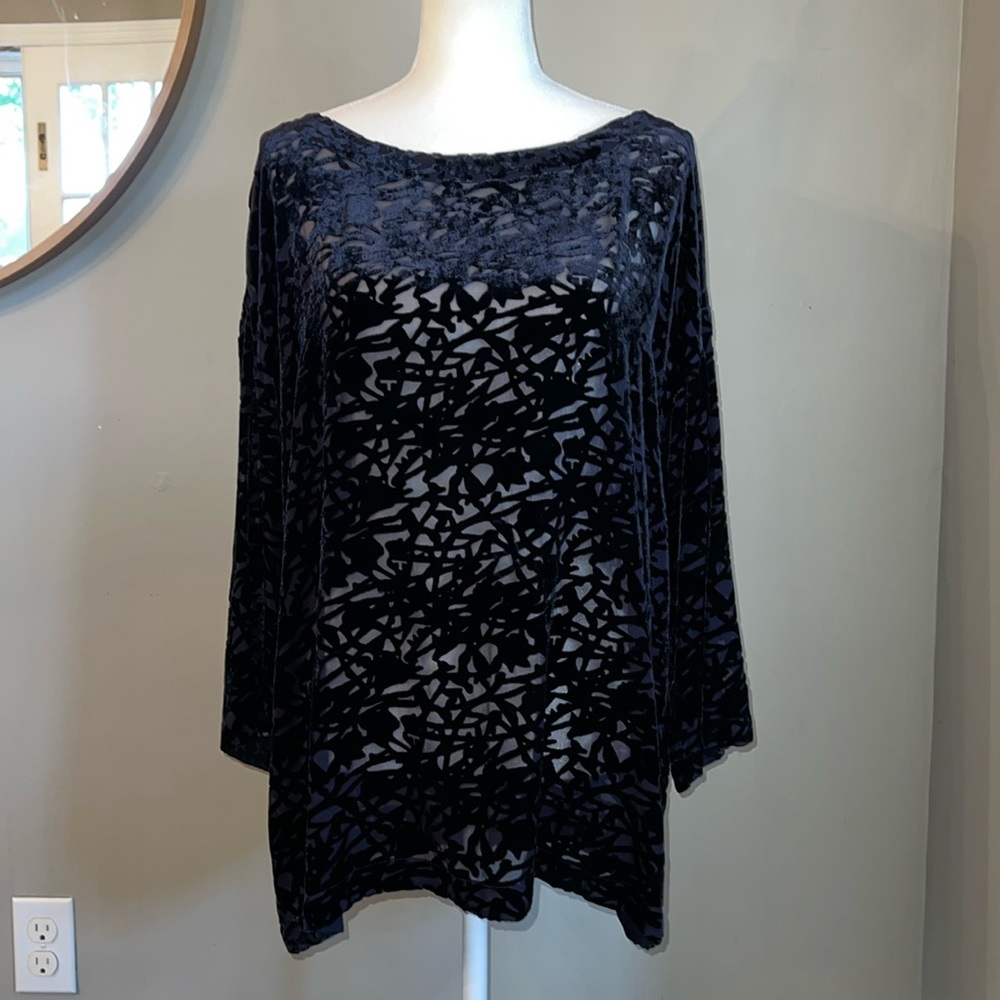 Eileen Fisher Navy Blue Velvet Vines Top Size L